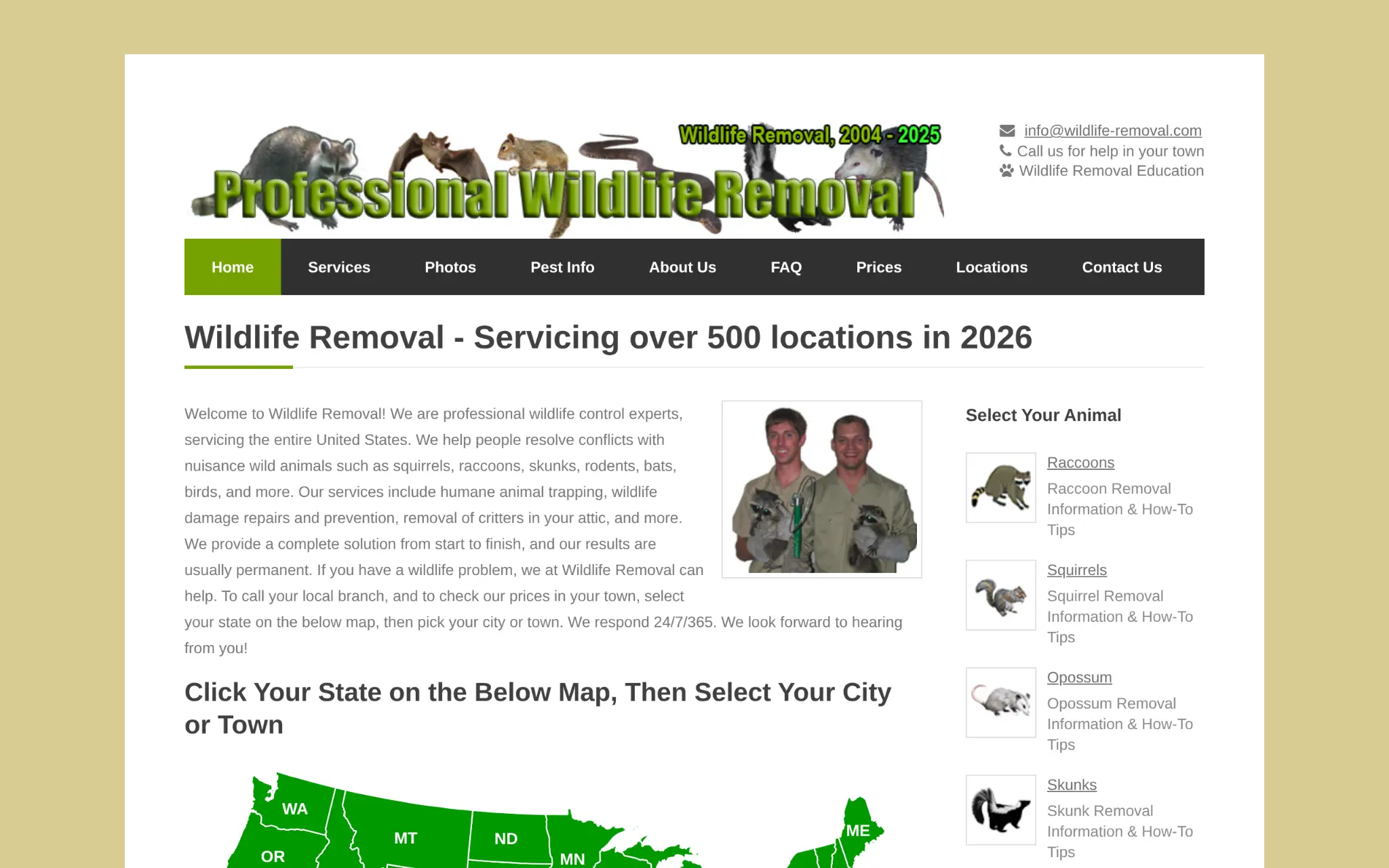 Wildlife removal website homepage with navigation bar and featured services list