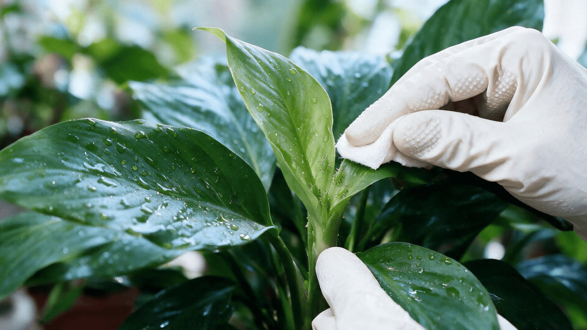 wipe off aphids from plant leaves and stems using a damp cloth during natural pest removal and garden care process