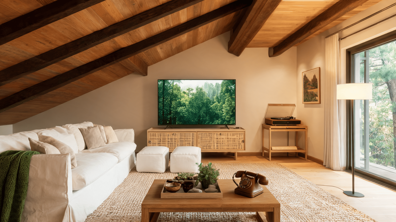 Living room with wood ceiling paneling, exposed beams, white sofa, TV console, coffee table, and large windows.