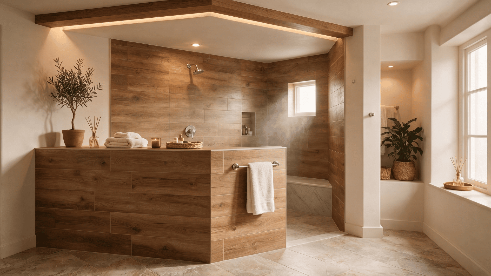 wood look tile pony wall shower with warm brown tones paired with neutral stone floor tile in a modern spa bathroom (2)