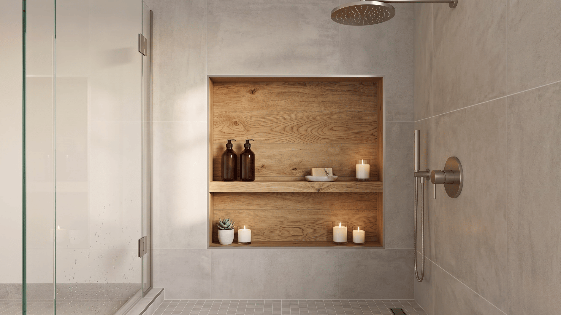 wood-look tile shower niche with toiletries and candles inside a warm modern shower wall