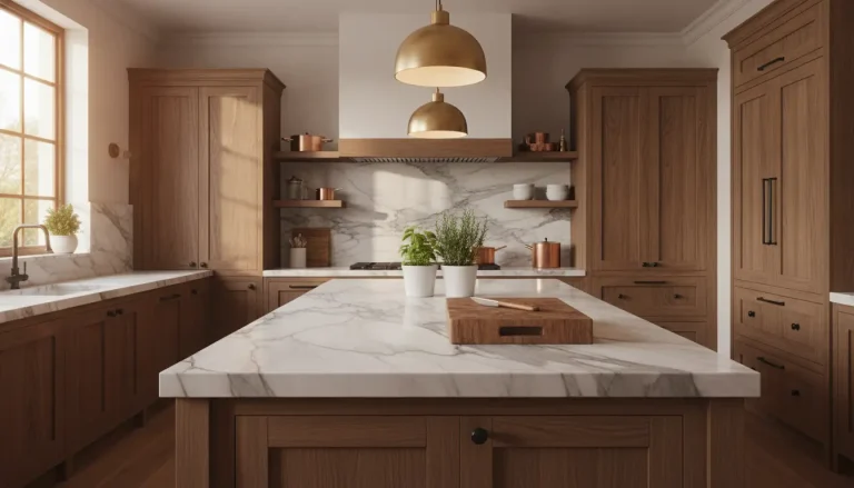 Marble kitchen island with potted herbs and copper cookware in spacious wooden cabinetry kitchen