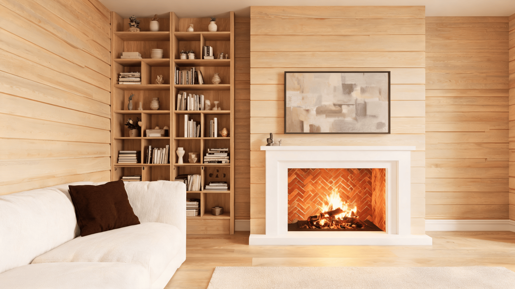 Living room with wood panel fireplace surround, built-in bookshelf, white sofa, and framed wall artwork.