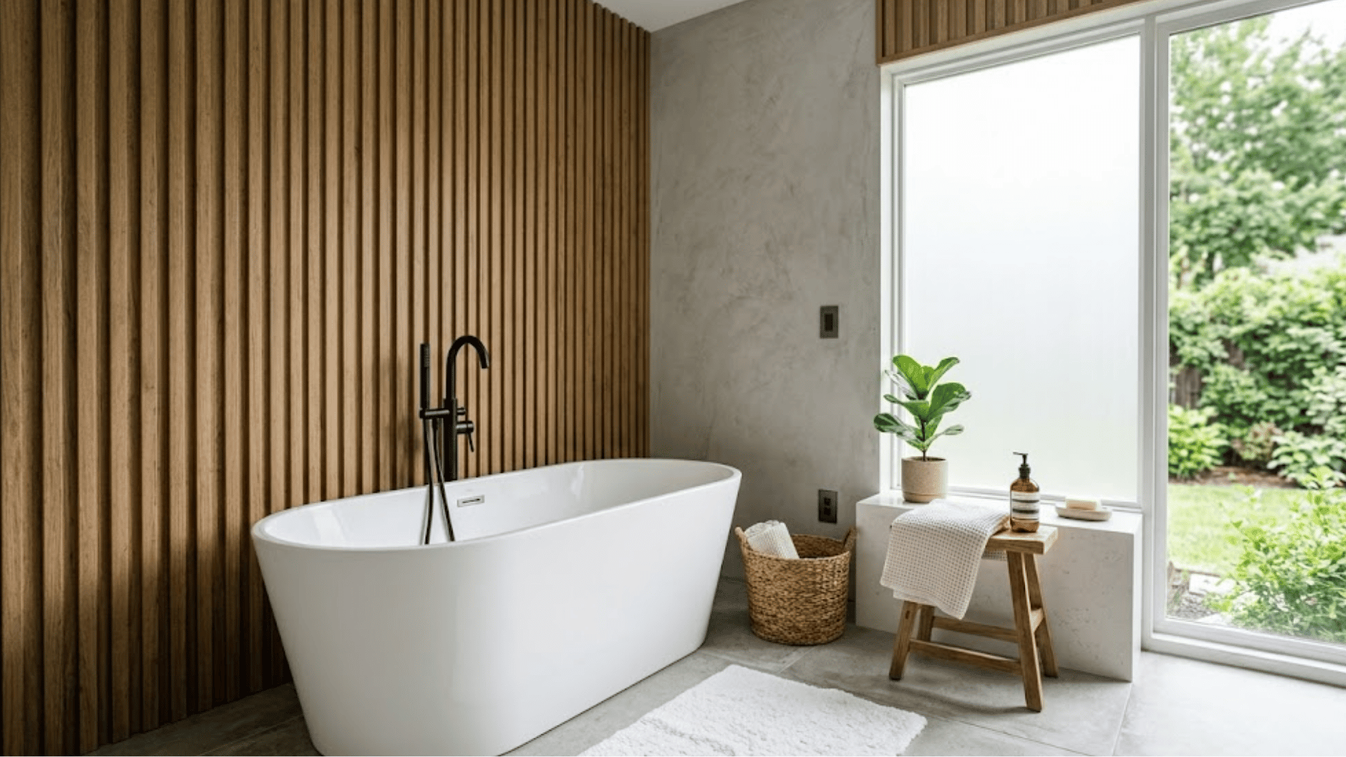 wood slat accent wall in a modern bathroom with freestanding tub and matte black fixtures