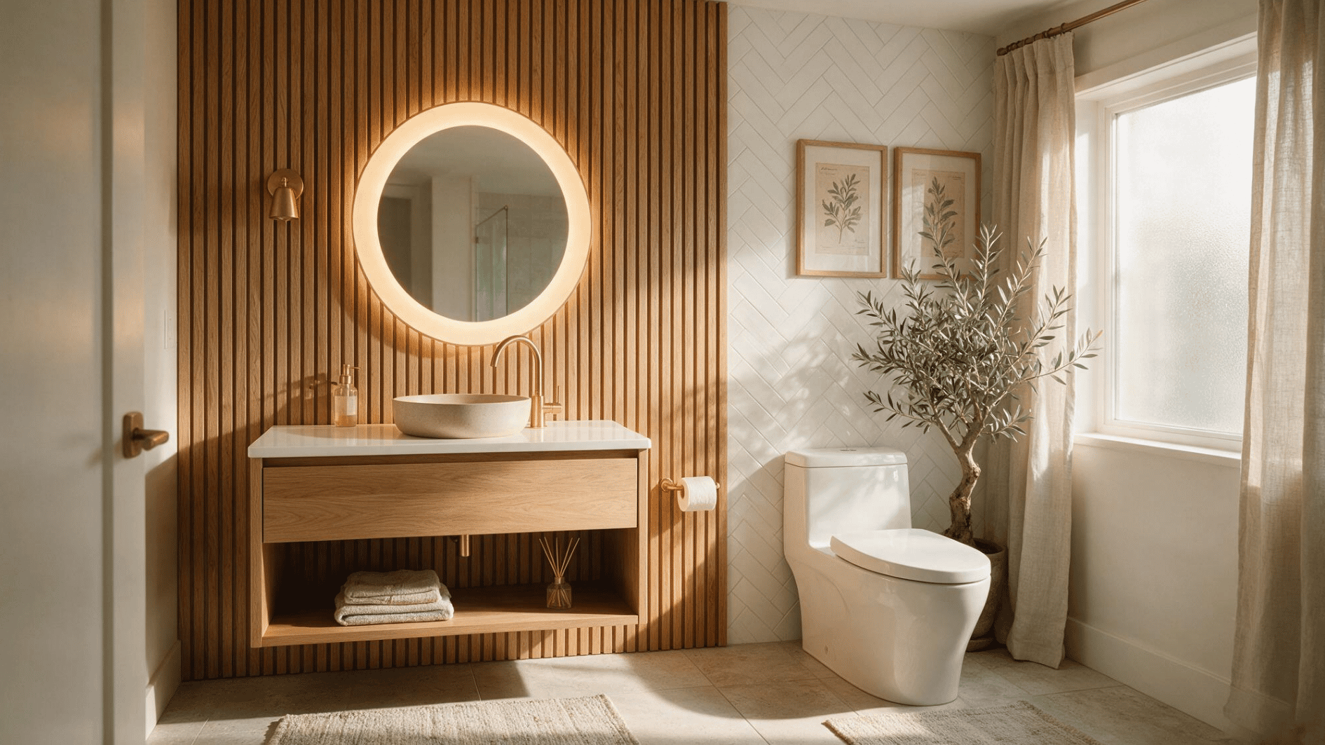 wood slat bathroom accent wall with floating vanity and round illuminated mirror
