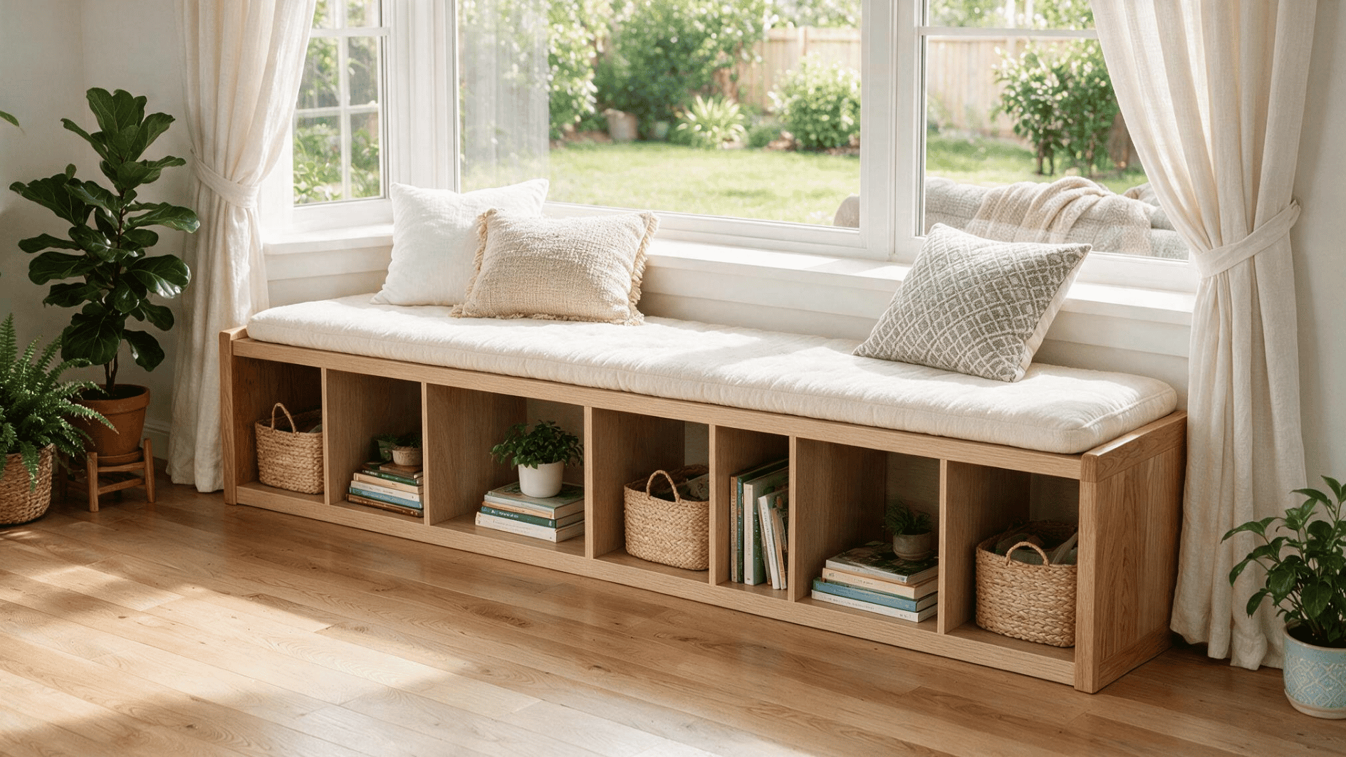 wood window bench with cube storage soft cushions woven baskets books plants and warm natural sunlight indoors (2)