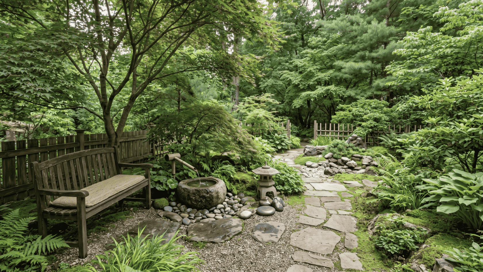 Wooden bench beside a stone path and water feature in a lush garden meditation setting.
