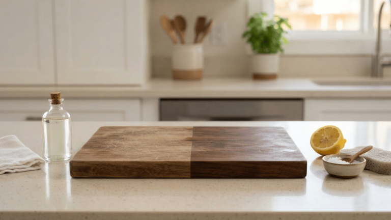 wooden cutting board with mineral oil lemon salt and cleaning supplies on a bright kitchen countertop