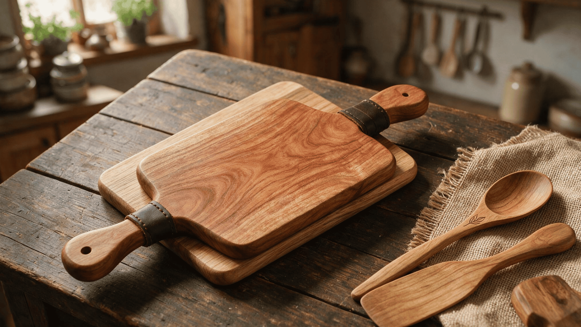 wooden cutting boards and spoons arranged on a rustic kitchen table with natural wood textures and warm lighting