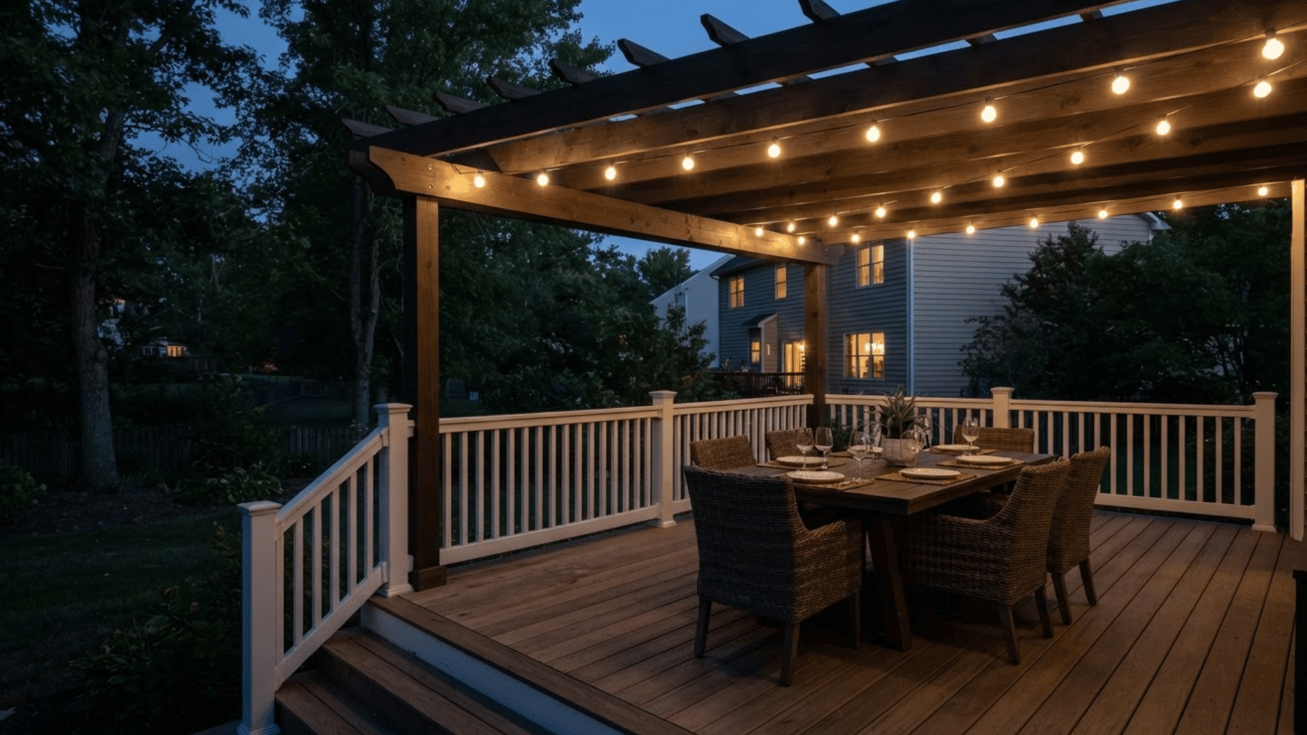 wooden deck seating area with evenly spaced outdoor string lights overhead