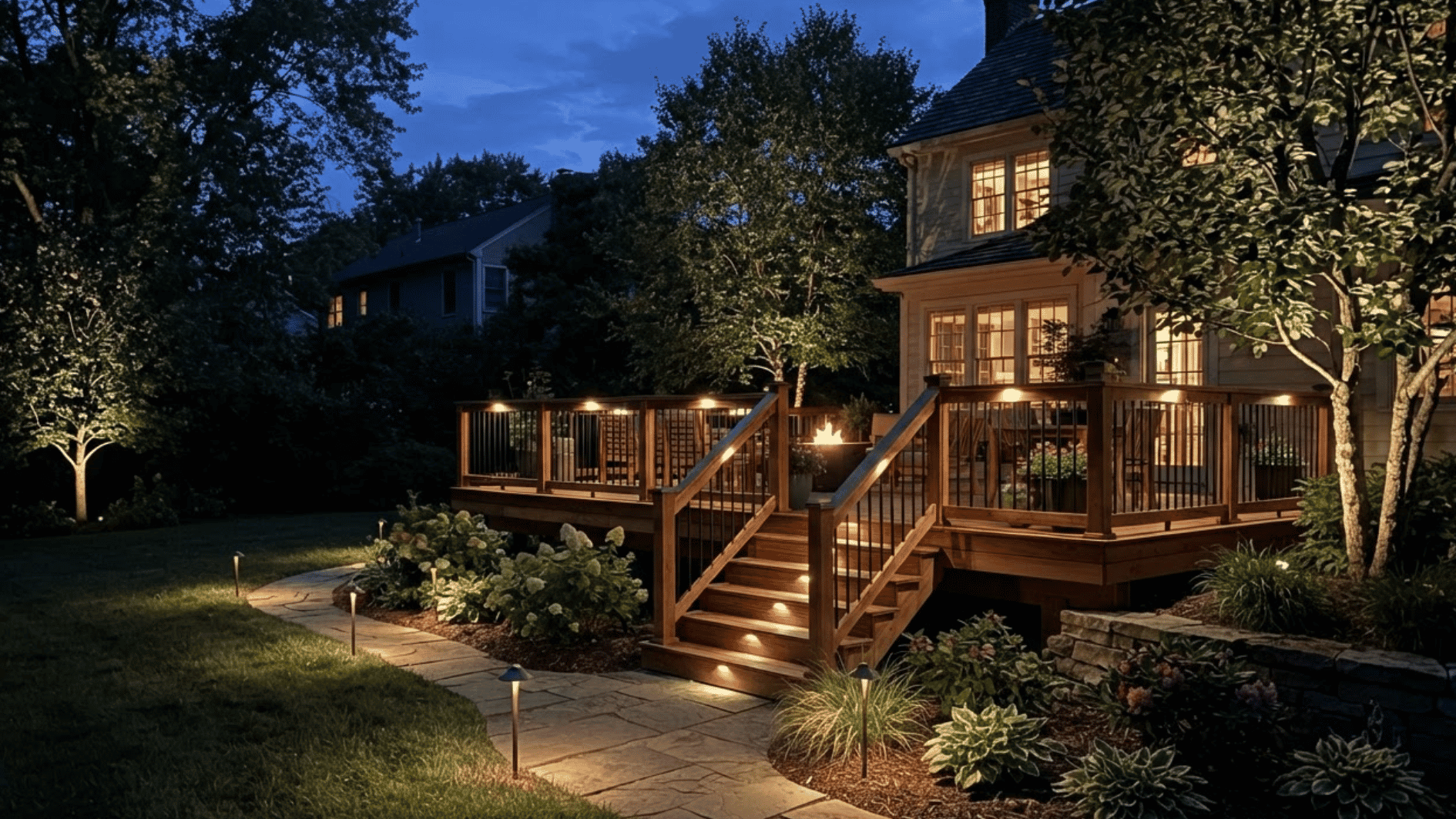 wooden deck surrounded by evenly spaced landscape lights and plants at night