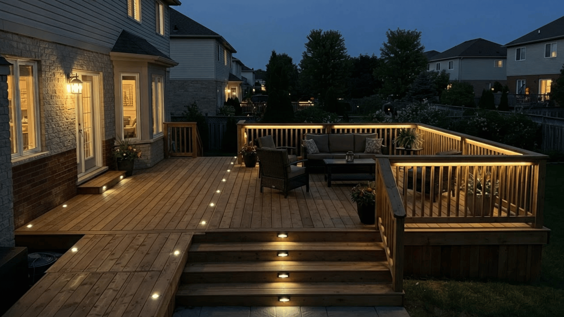wooden deck using multiple evenly spaced lighting types for different areas