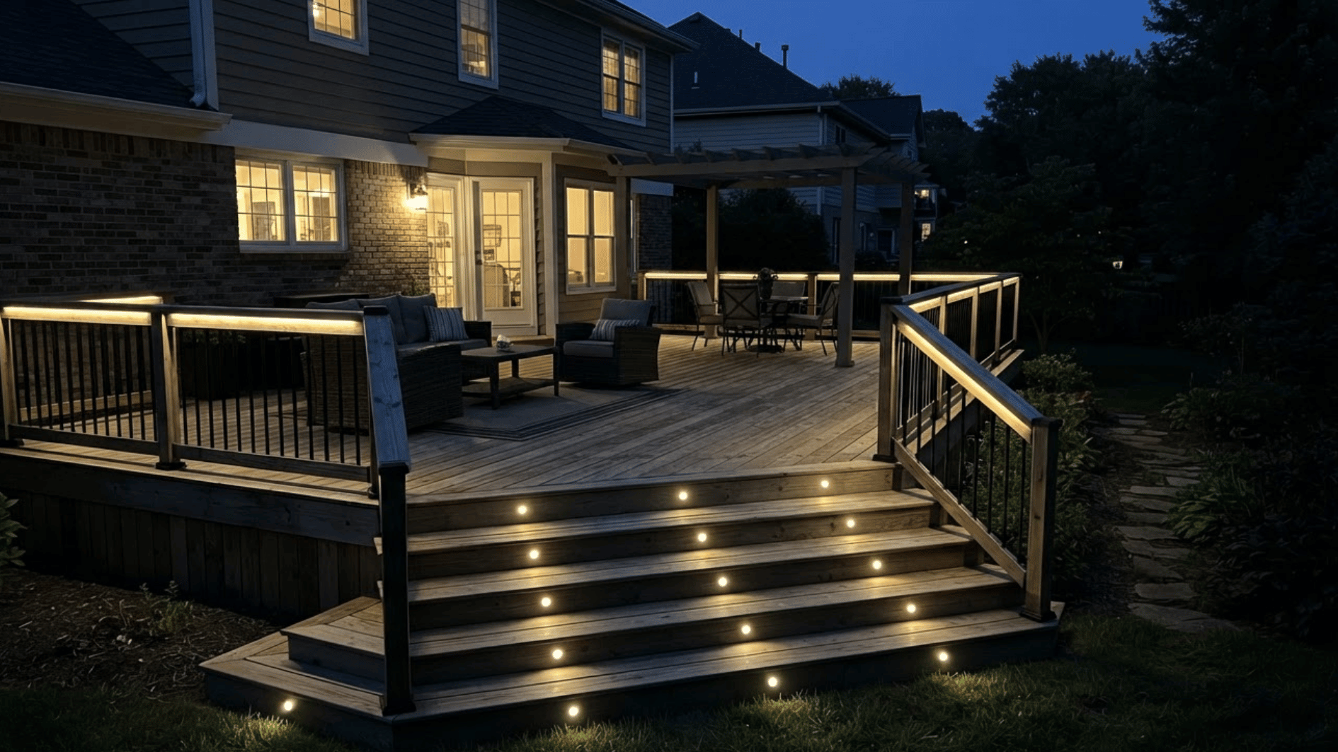 wooden deck with evenly spaced low voltage led lights along edges and stairs