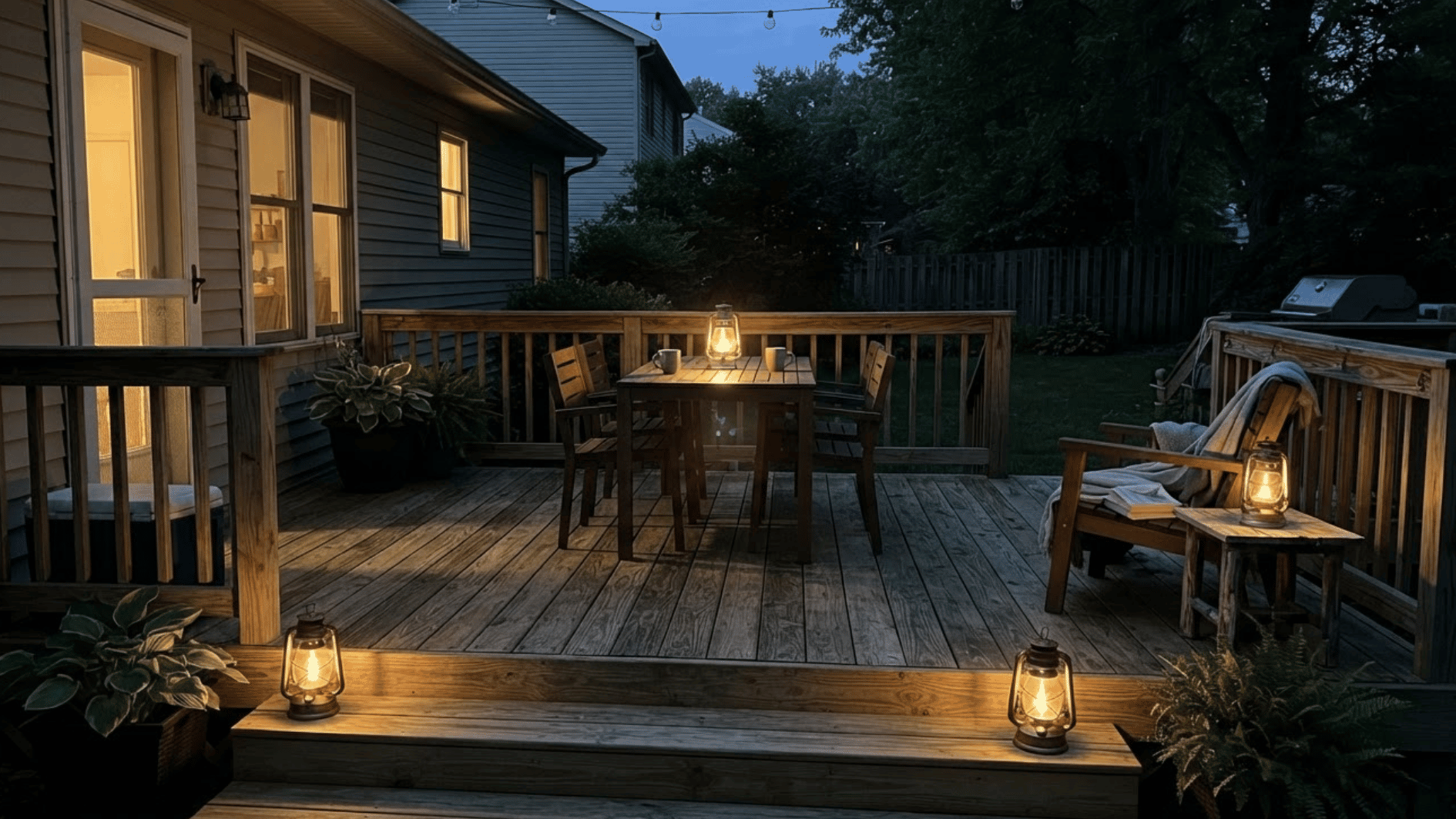 wooden deck with warm outdoor lantern lights on tables and steps