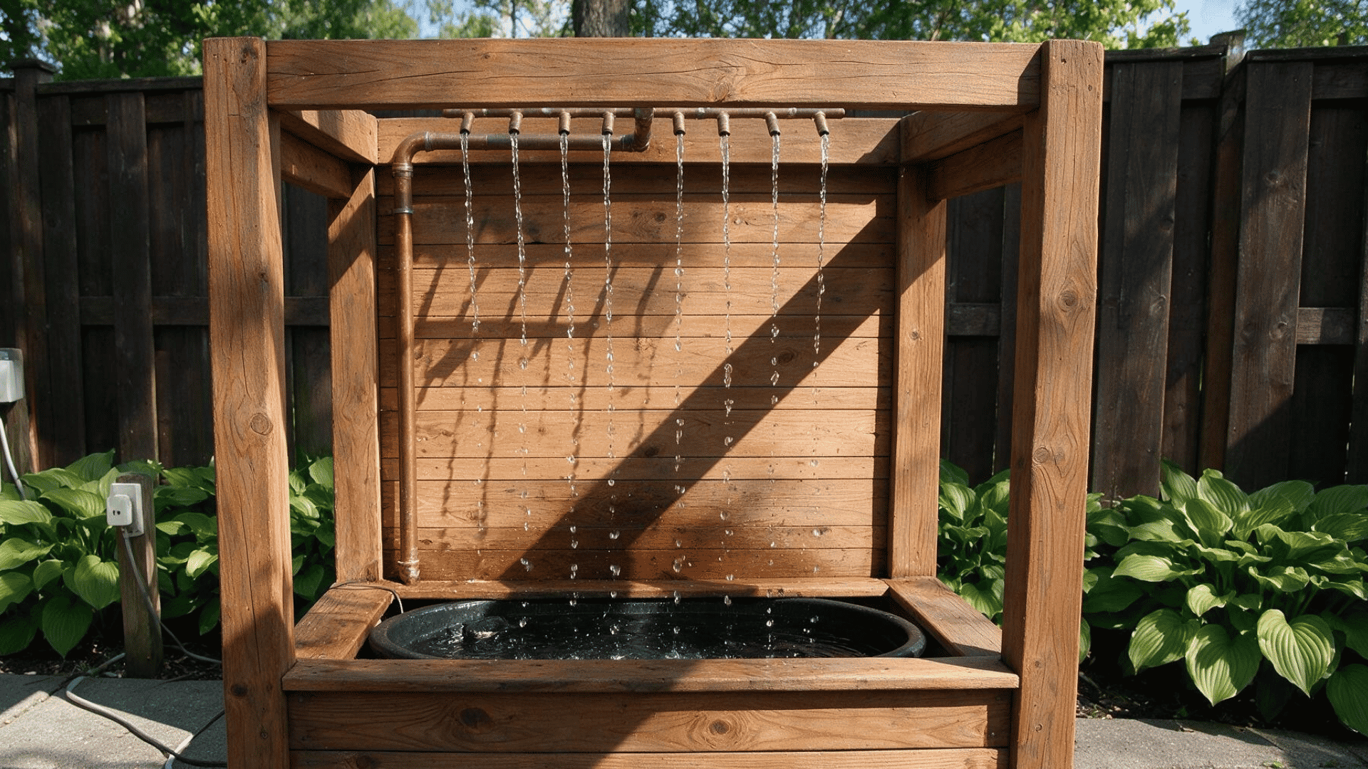 wooden frame fountain with copper spouts pouring water into a black tub (1)