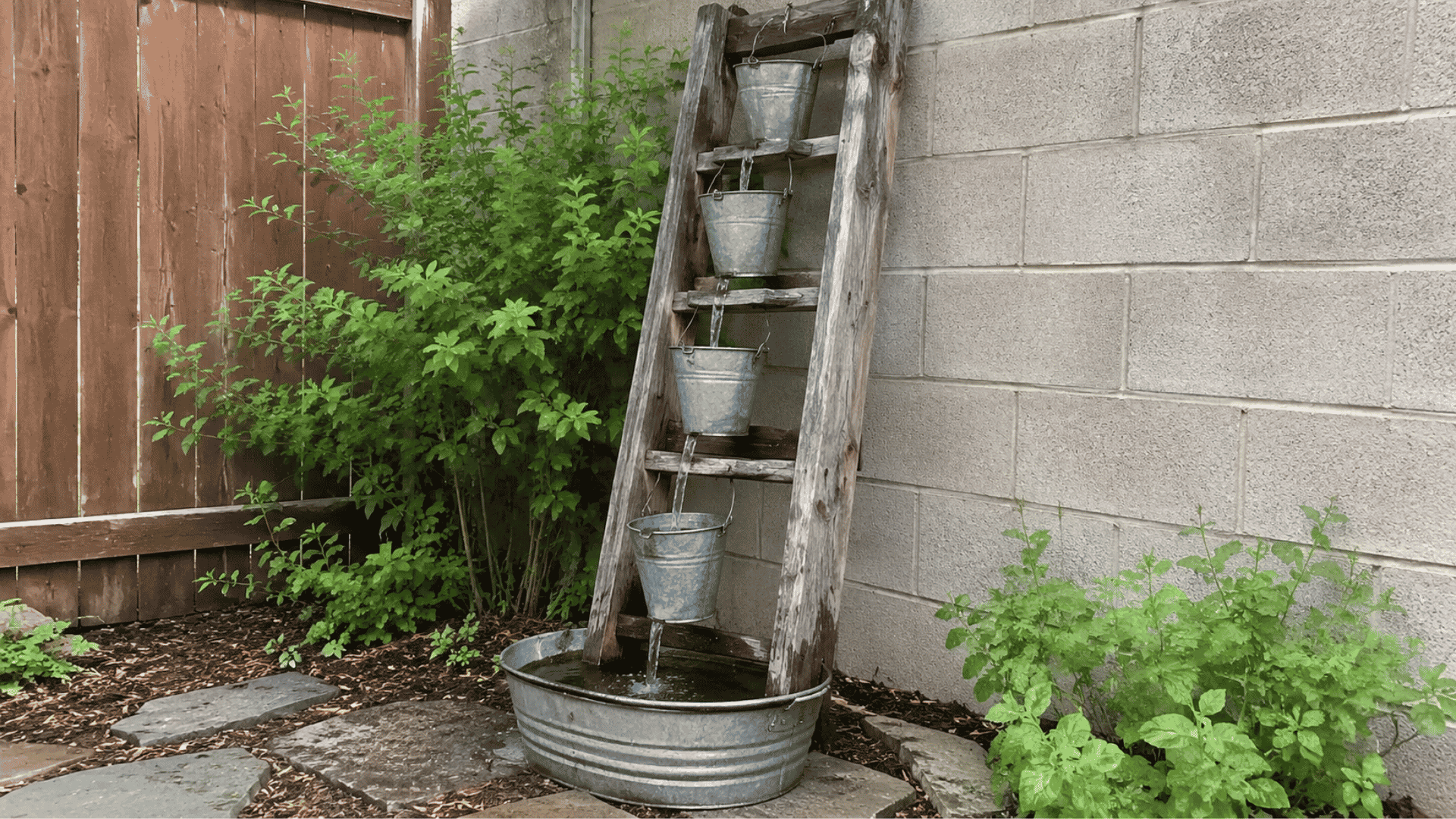 wooden ladder fountain with hanging metal buckets pouring water into basin