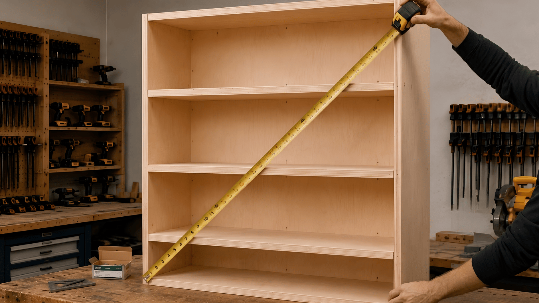 woodworker checking a plywood bookshelf for square by pulling a tape measure across opposite corners in a shop