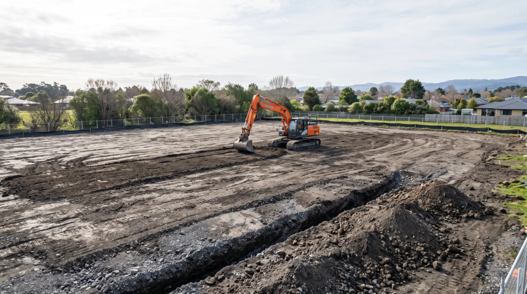 Excavator grading a cleared building lot with exposed soil and a utility trench