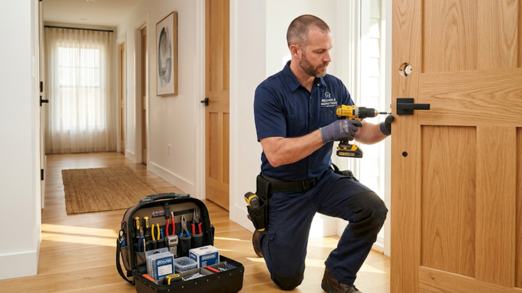 Professional handyman carefully installs a door lock inside a modern home, with organized tools and repair equipment arranged beside him