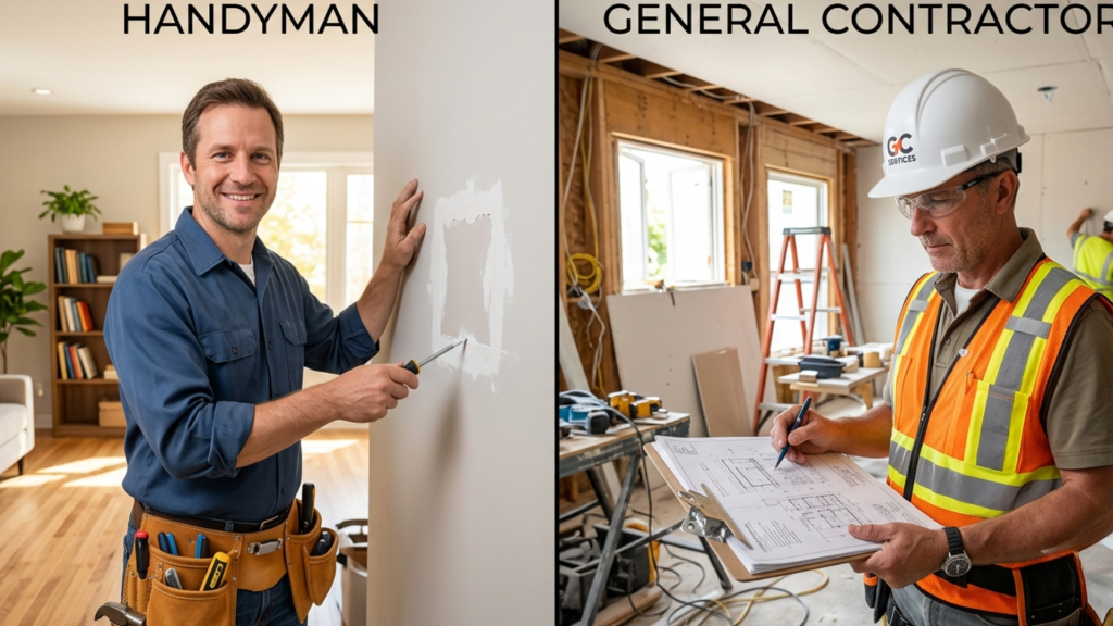 Split-screen comparing a friendly handyman fixing drywall with a screwdriver and a general contractor reviewing blueprints on site