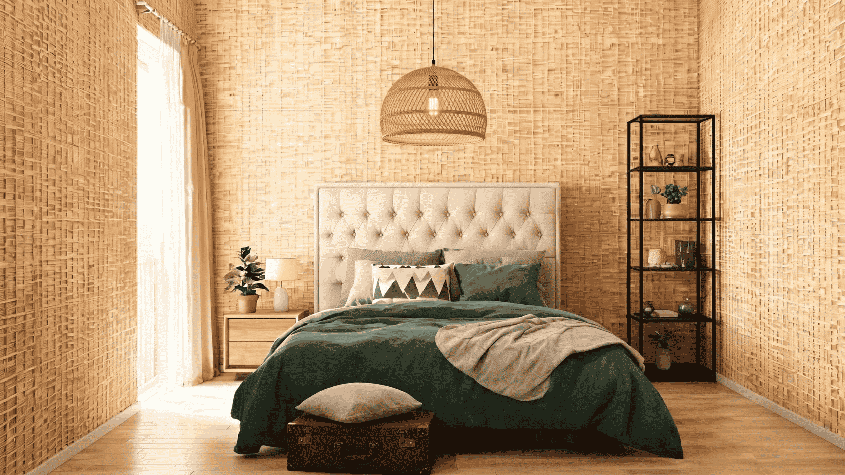 Woven rattan wall panels with a bed, pendant light, shelving unit, and neutral bedroom decor.