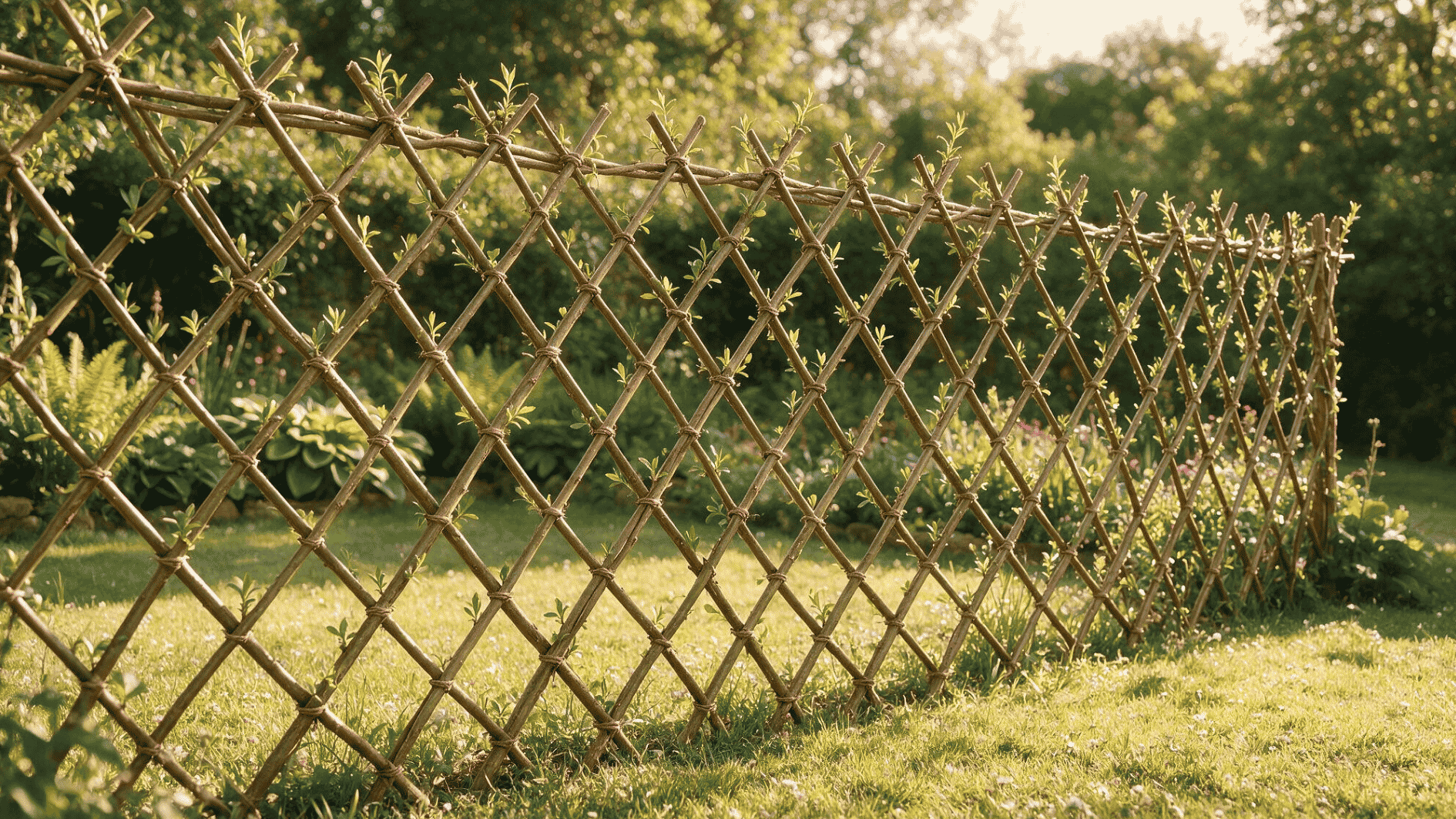 woven willow living fence with diamond lattice pattern and fresh green shoots in a sunny garden landscape view