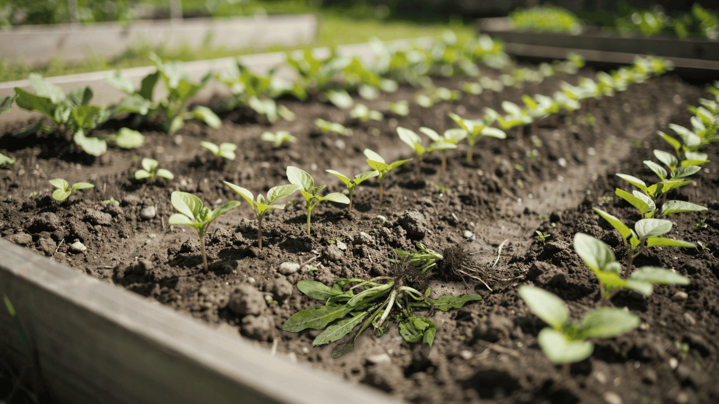 Young amaranth seedlings in a raised garden bed with weeds removed for healthy early growth.
