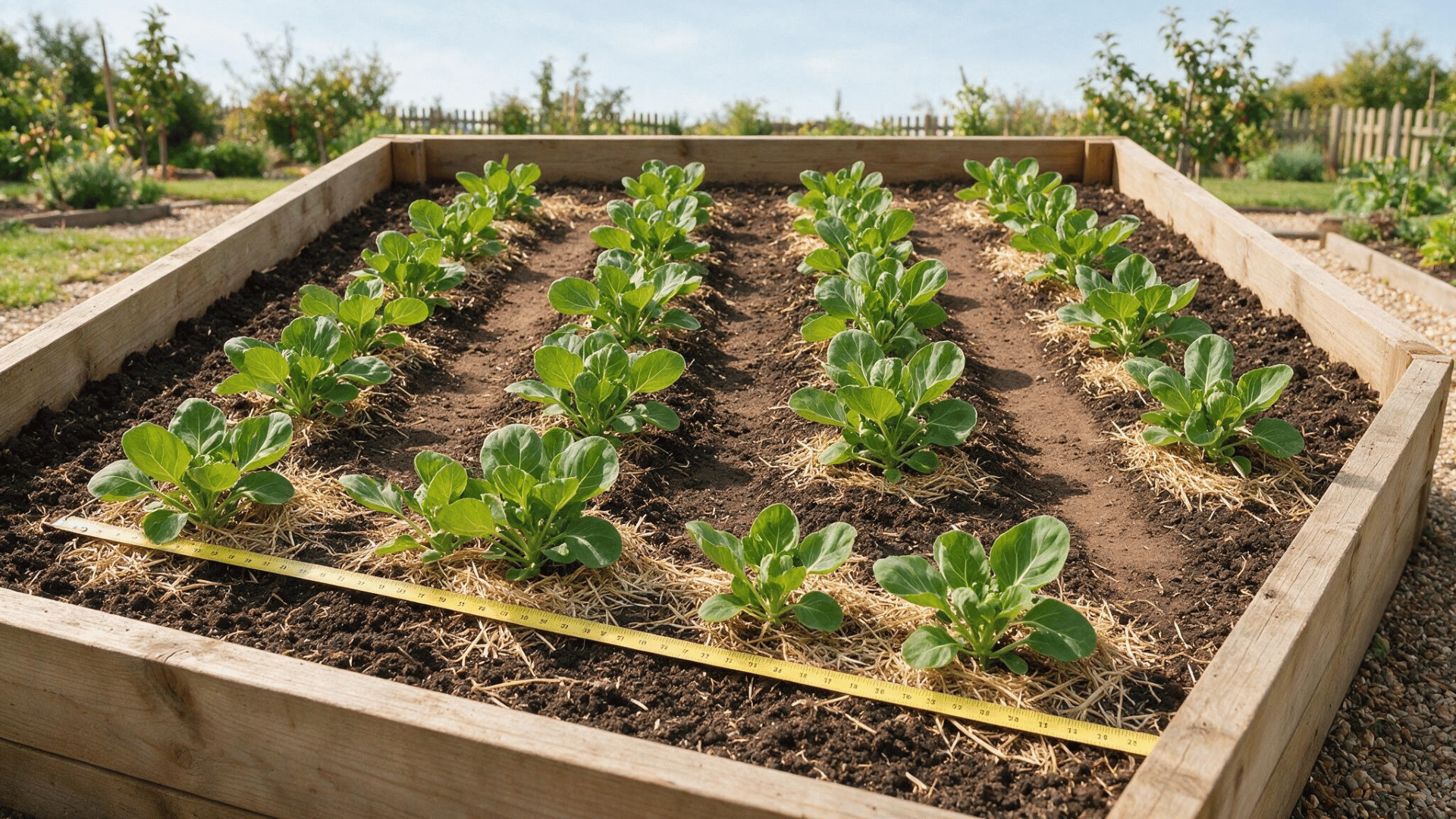 young brussels sprout plants spaced in rows with straw mulch and a measuring tape across a raised garden bed