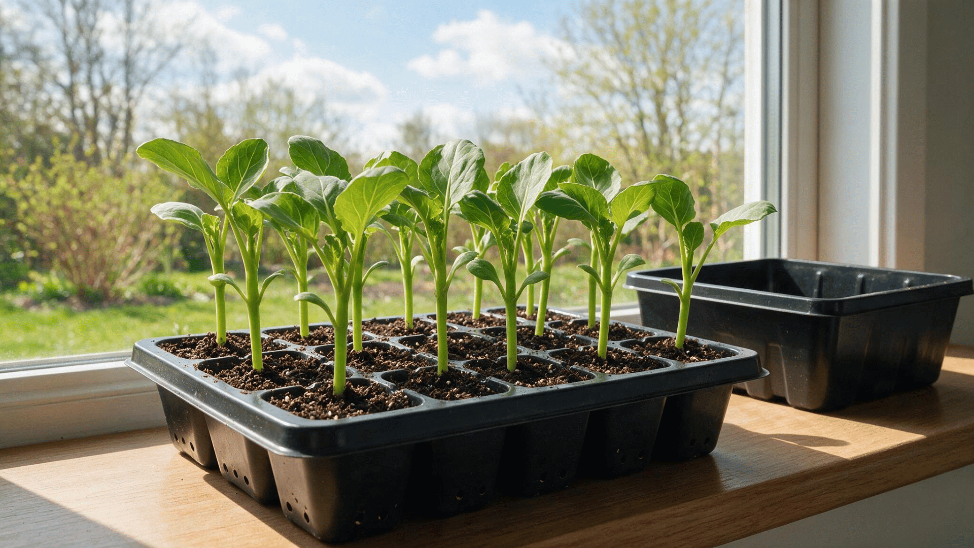 young brussels sprout seedlings growing in a seed tray by a sunny window before being transplanted into the garden