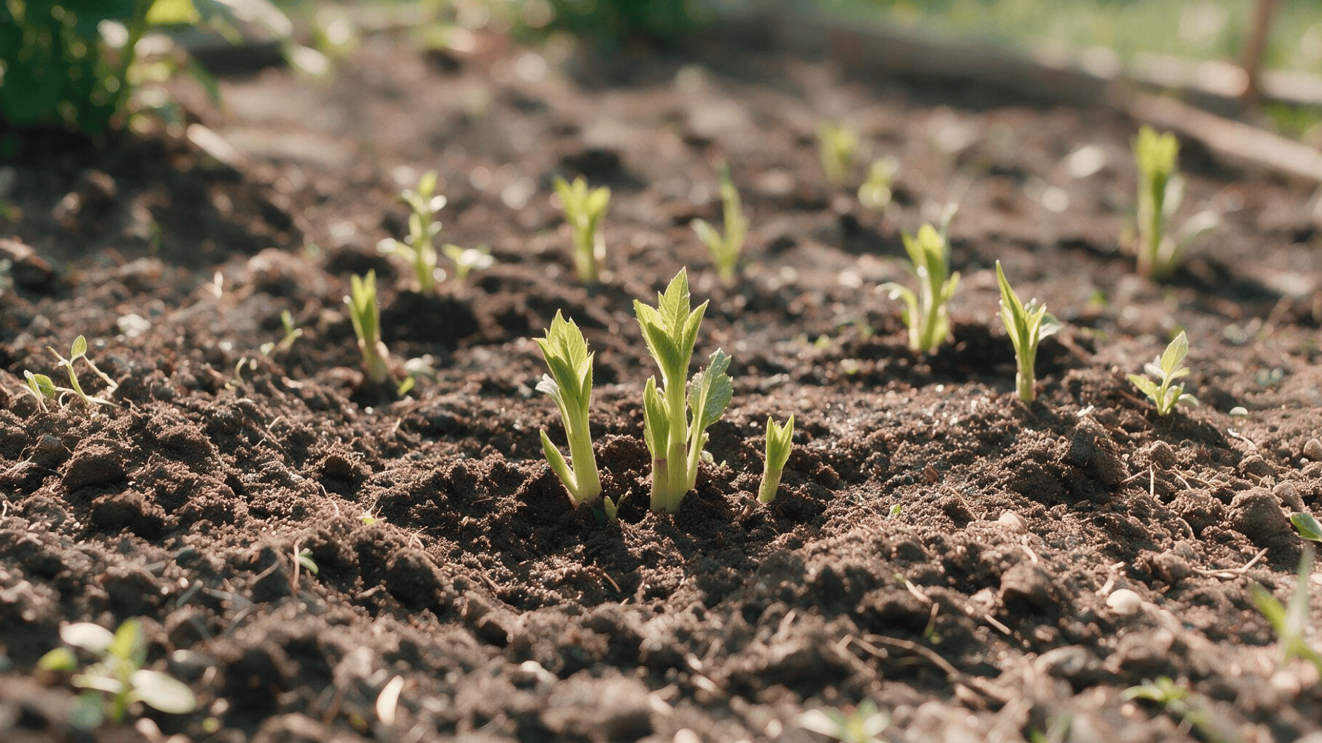 young dahlia shoots emerging from moist well-drained garden soil during the early growth stage