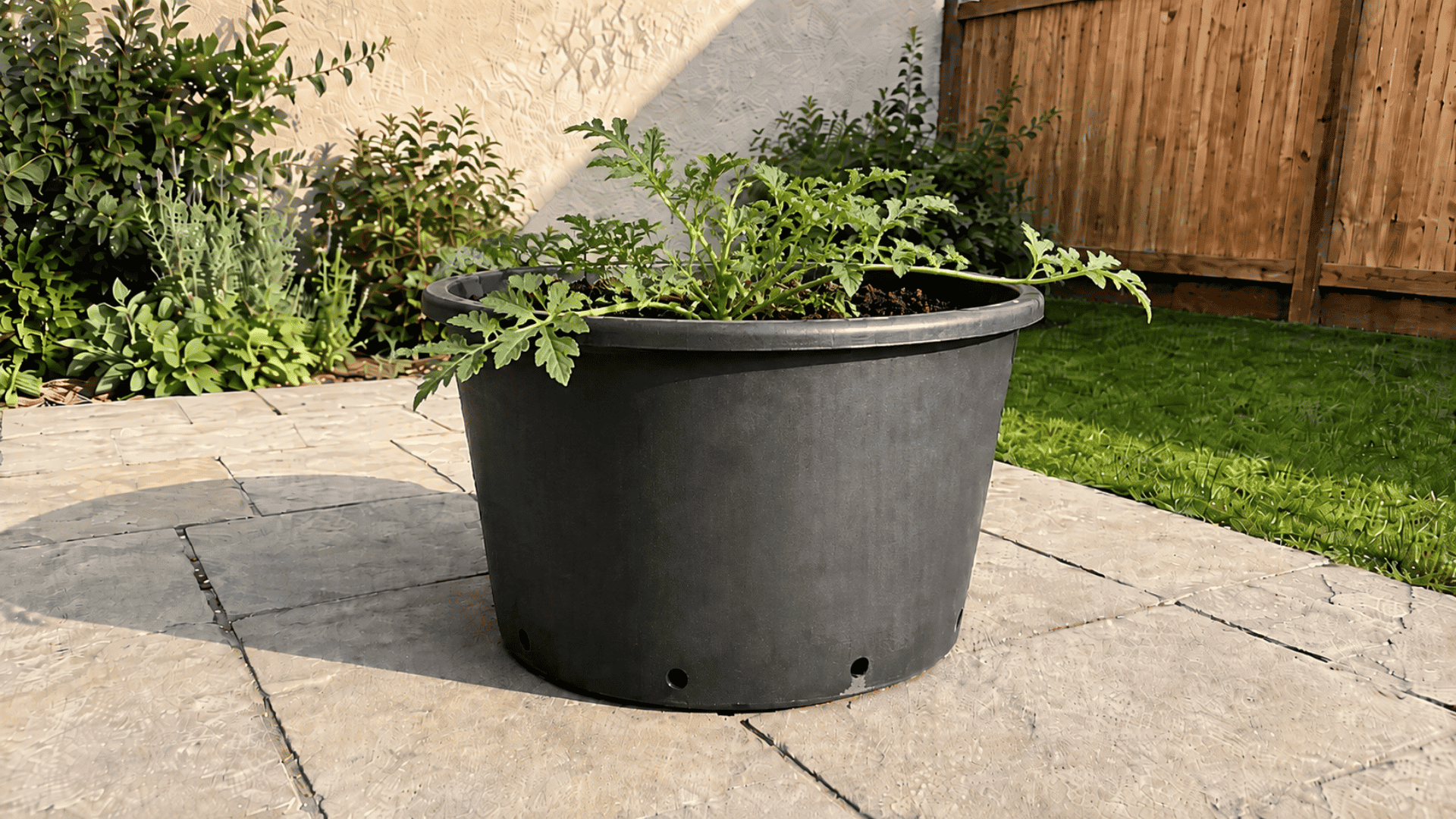 Young watermelon seedling growing in a black container placed in direct sunlight