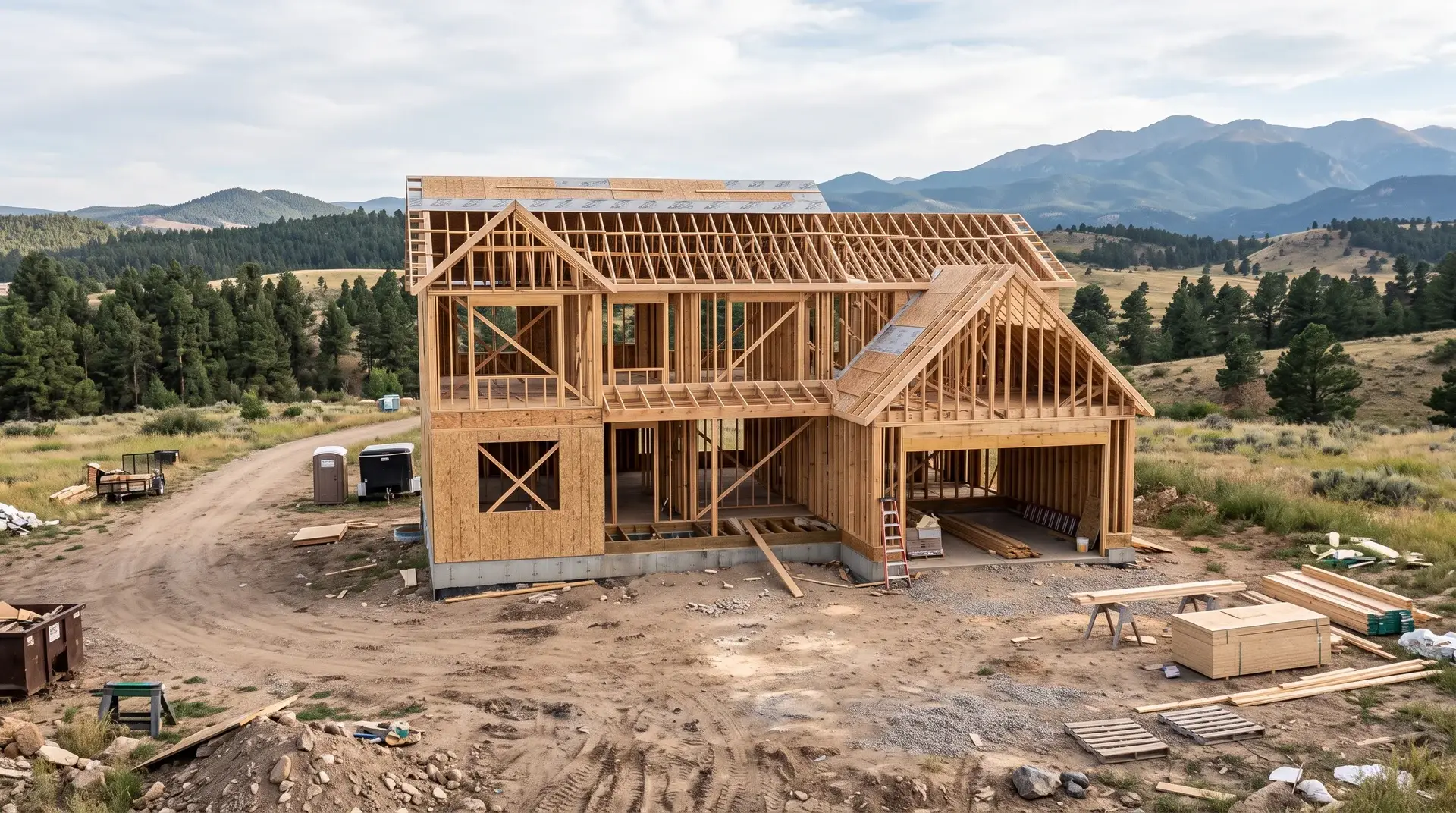 Wood-frame house under construction on a cleared lot with foothills in the background