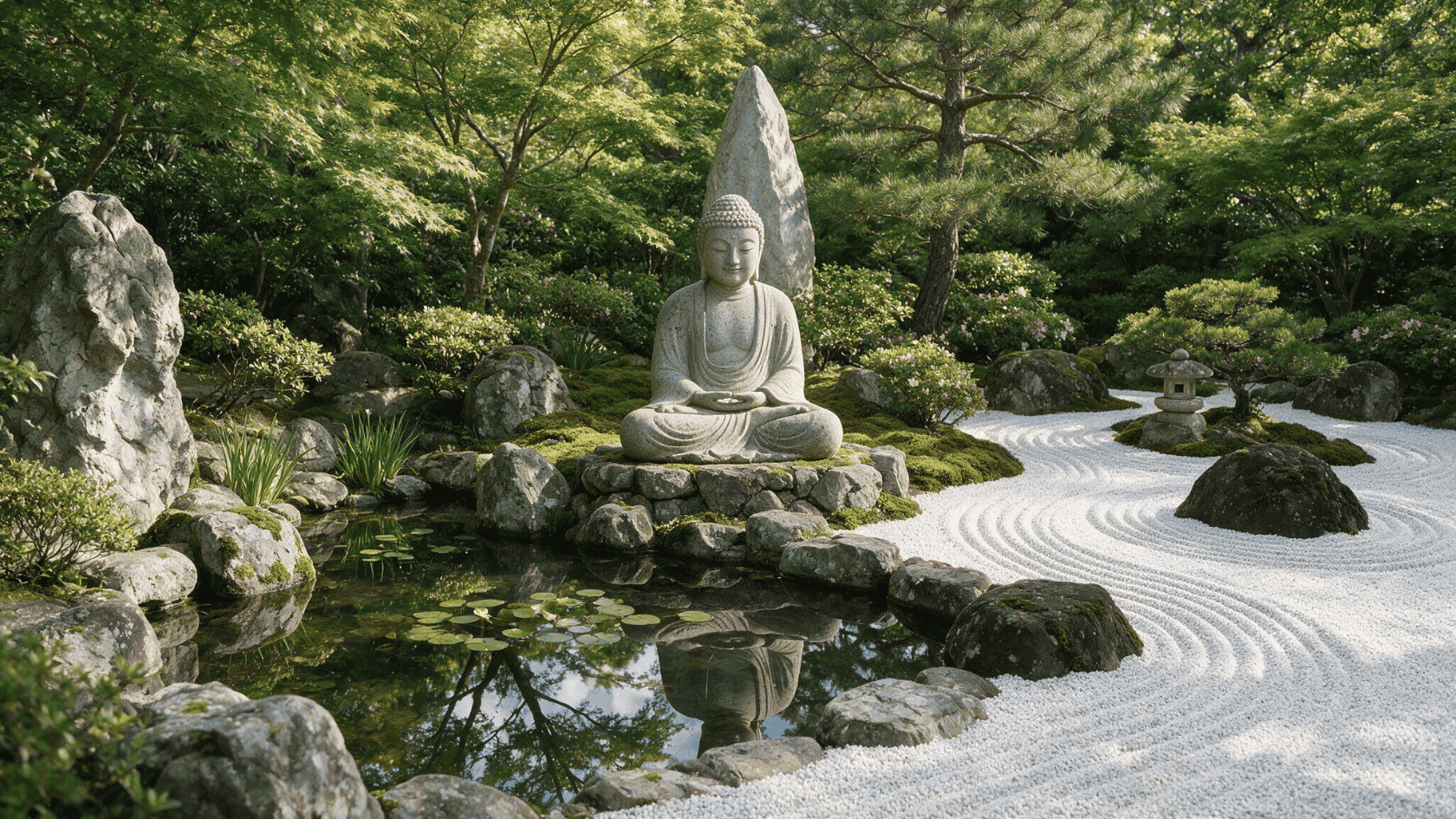 Zen garden meditation space with Buddha statue, pond, rocks, and raked gravel surrounded by greenery.