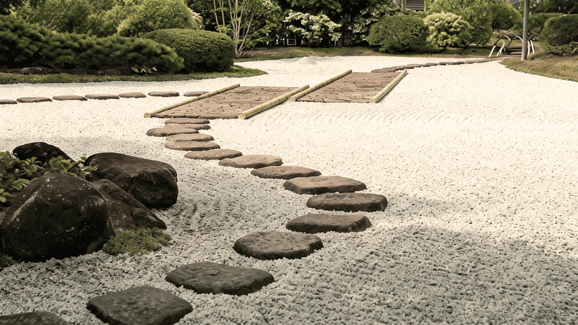 Zen garden stone path with spaced slabs across gravel and minimal greenery.