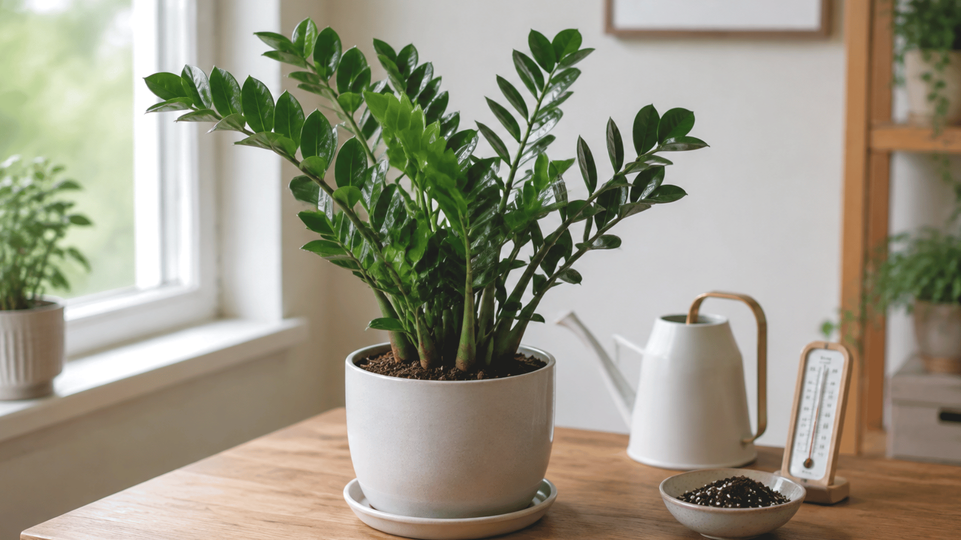 healthy zz plant near a bright window with watering can, potting soil, and indoor thermometer