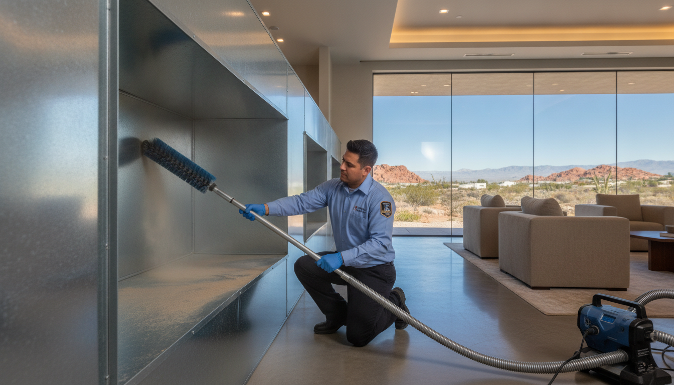 Worker cleaning air duct in modern living room with large windows and desert view