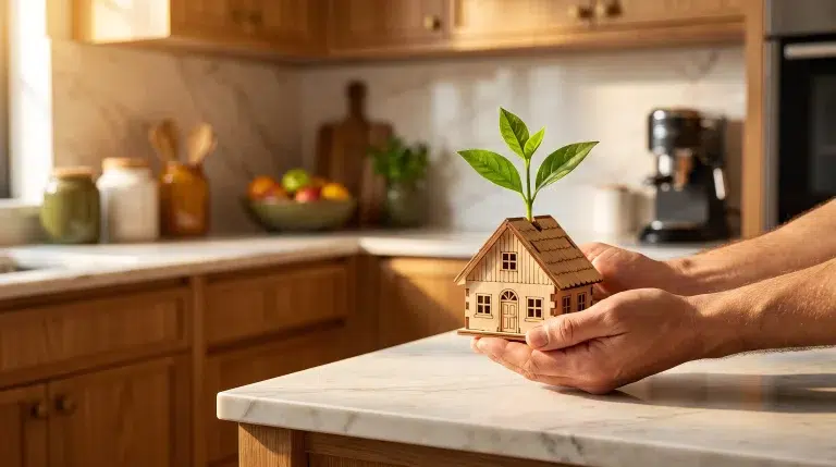 Miniature wooden house with plant sprouting held in hands on marble kitchen counter