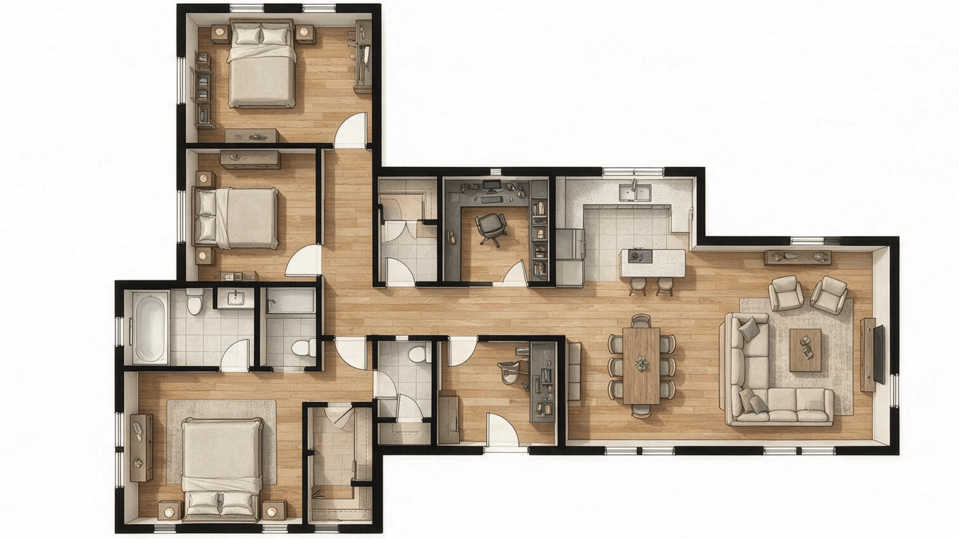 3 bedroom floor plan with a separate home office, central living spaces, two bathrooms, and three bedrooms