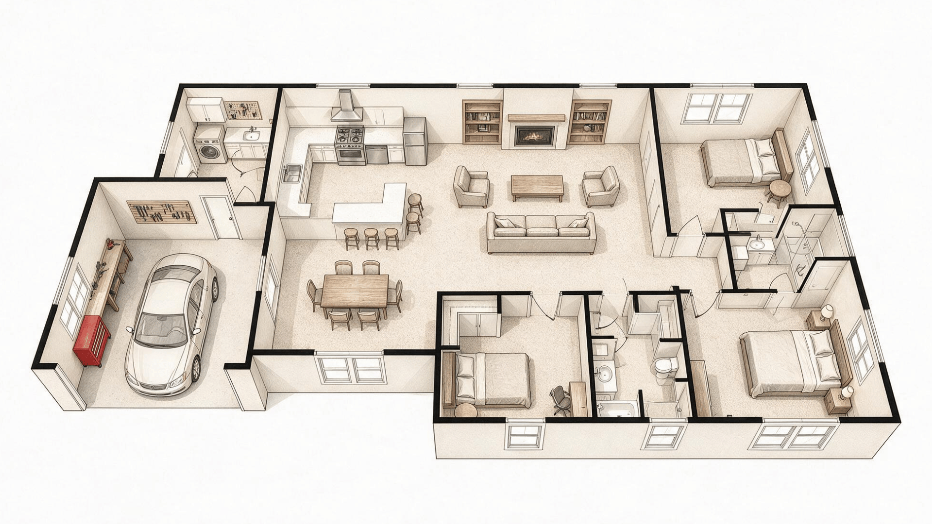 3 bedroom house plan with an attached one-car garage, open living area, laundry space, and two bathrooms