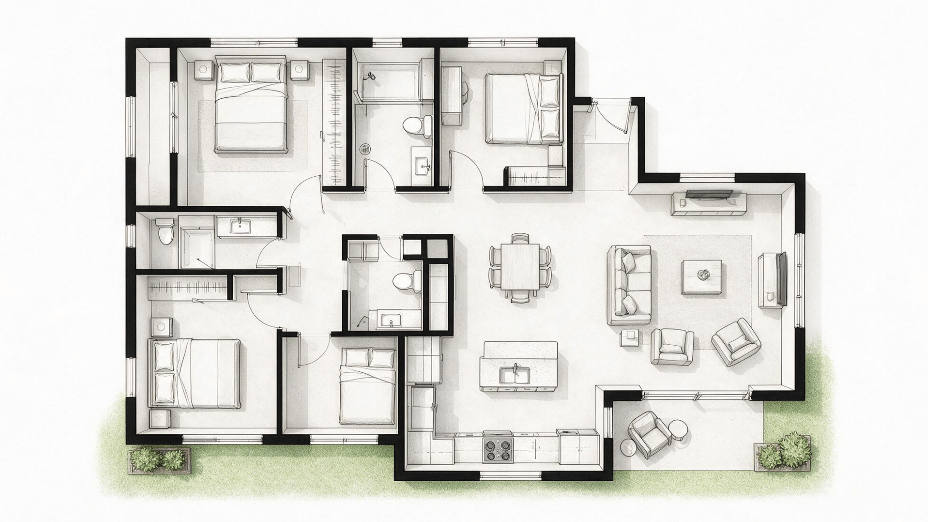 3 bedroom house plan with two bathrooms, including a primary ensuite and shared secondary bathroom