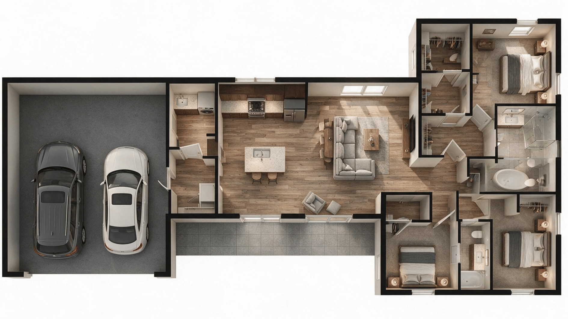 3 bedroom house plan with a two-car garage, mudroom, central living spaces, and separated bedroom areas