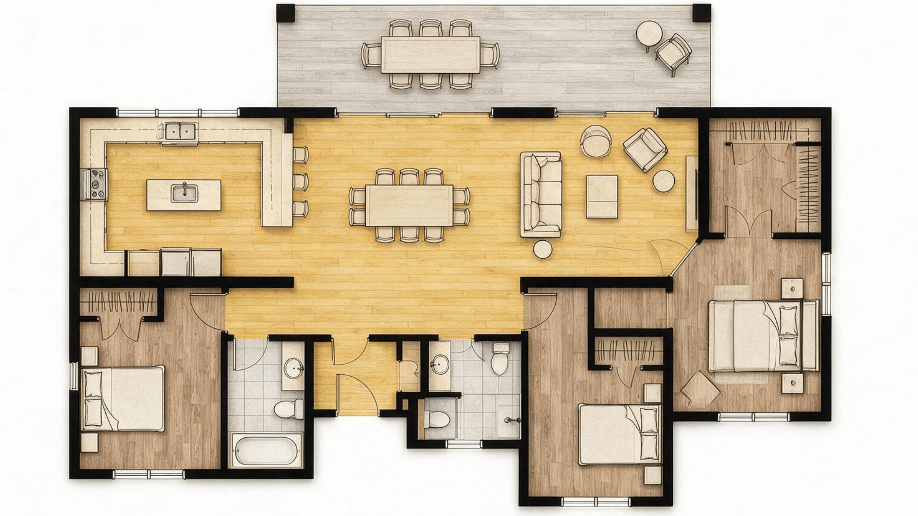 3 bedroom house plan with a large covered rear patio connected directly to the dining and living areas