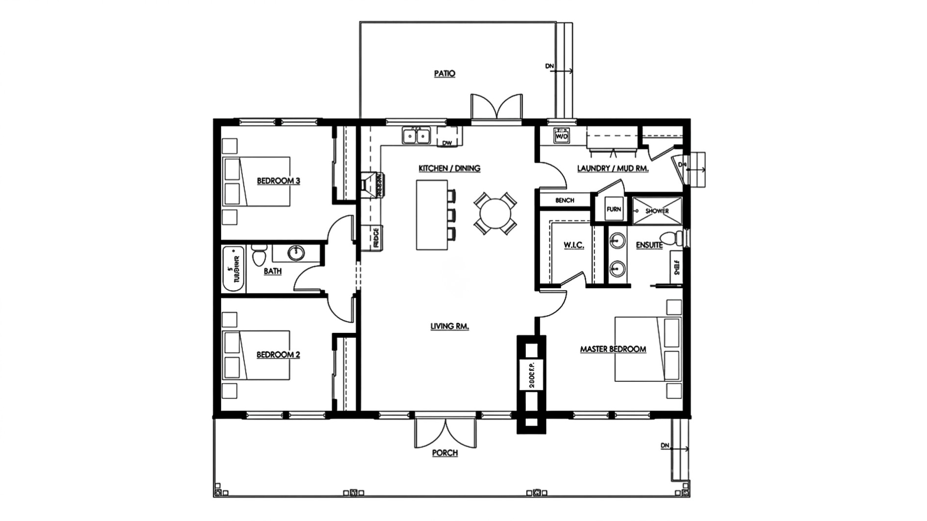 3 bedroom house floor plan with open kitchen, living room, two bathrooms, laundry room, patio and porch