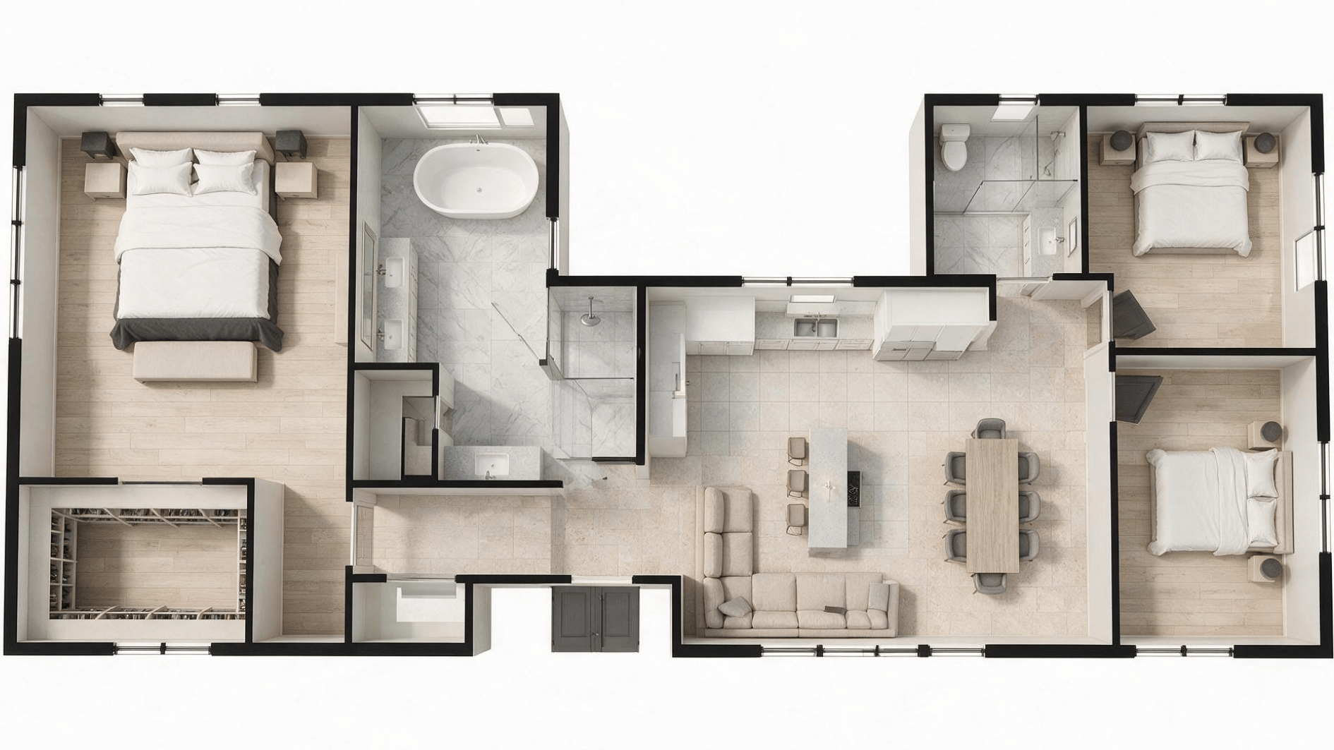 3 bedroom house plan with an oversized primary suite, walk-in closet, private bathroom, and two smaller bedrooms