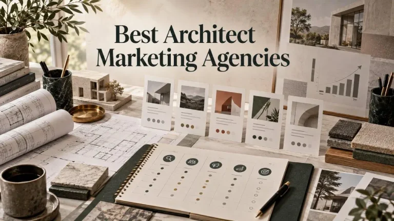Architectural design materials and plans on desk with mood board and coffee in warm lighting
