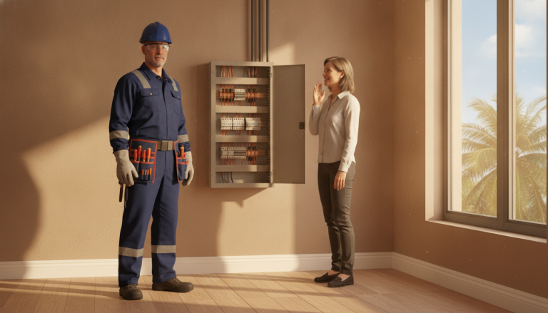 Electrician in blue uniform standing with customer near an open electrical panel in sunny room