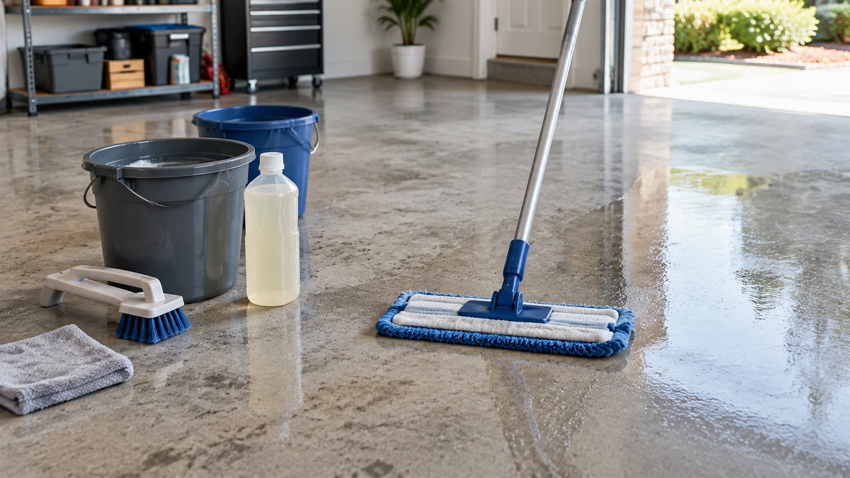 A person mopping a clean indoor concrete floor with a microfiber mop.
