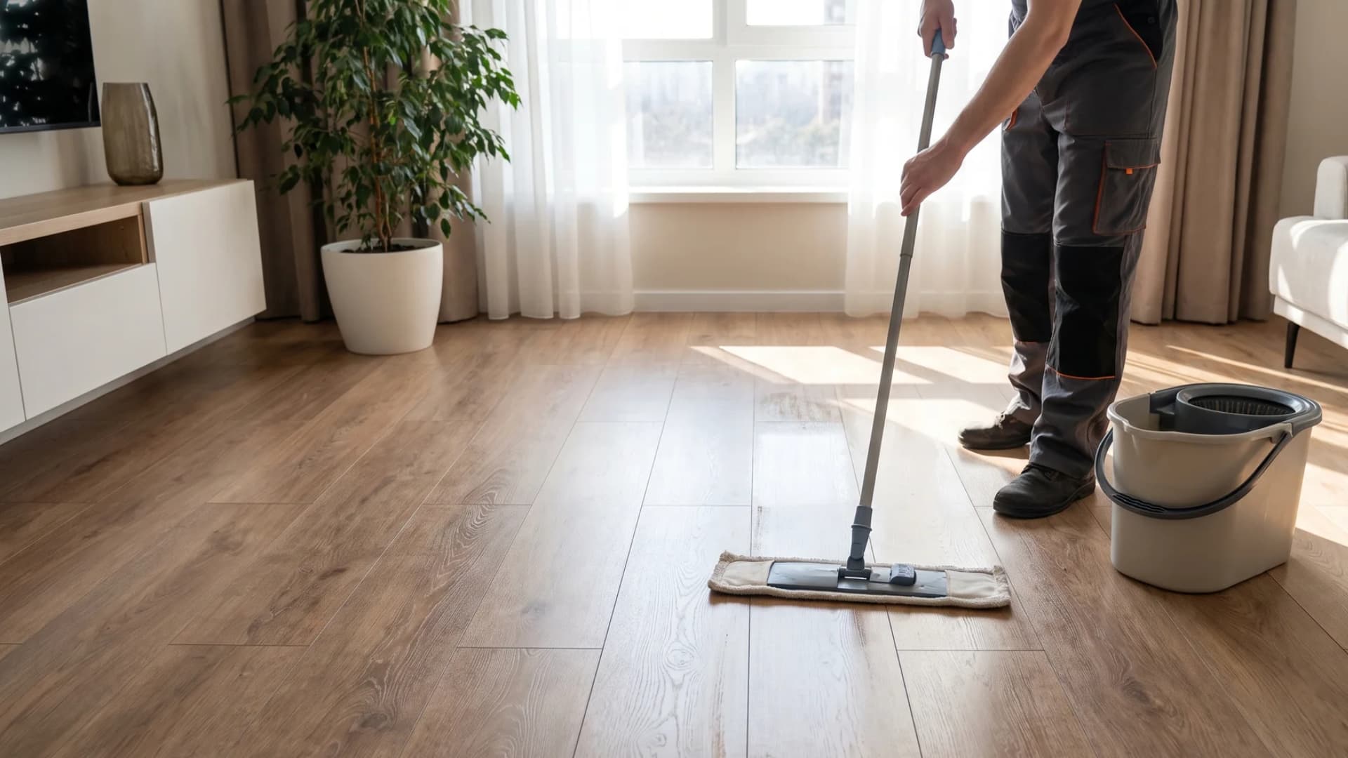 Damp mop gliding over smooth wood-grain laminate flooring.