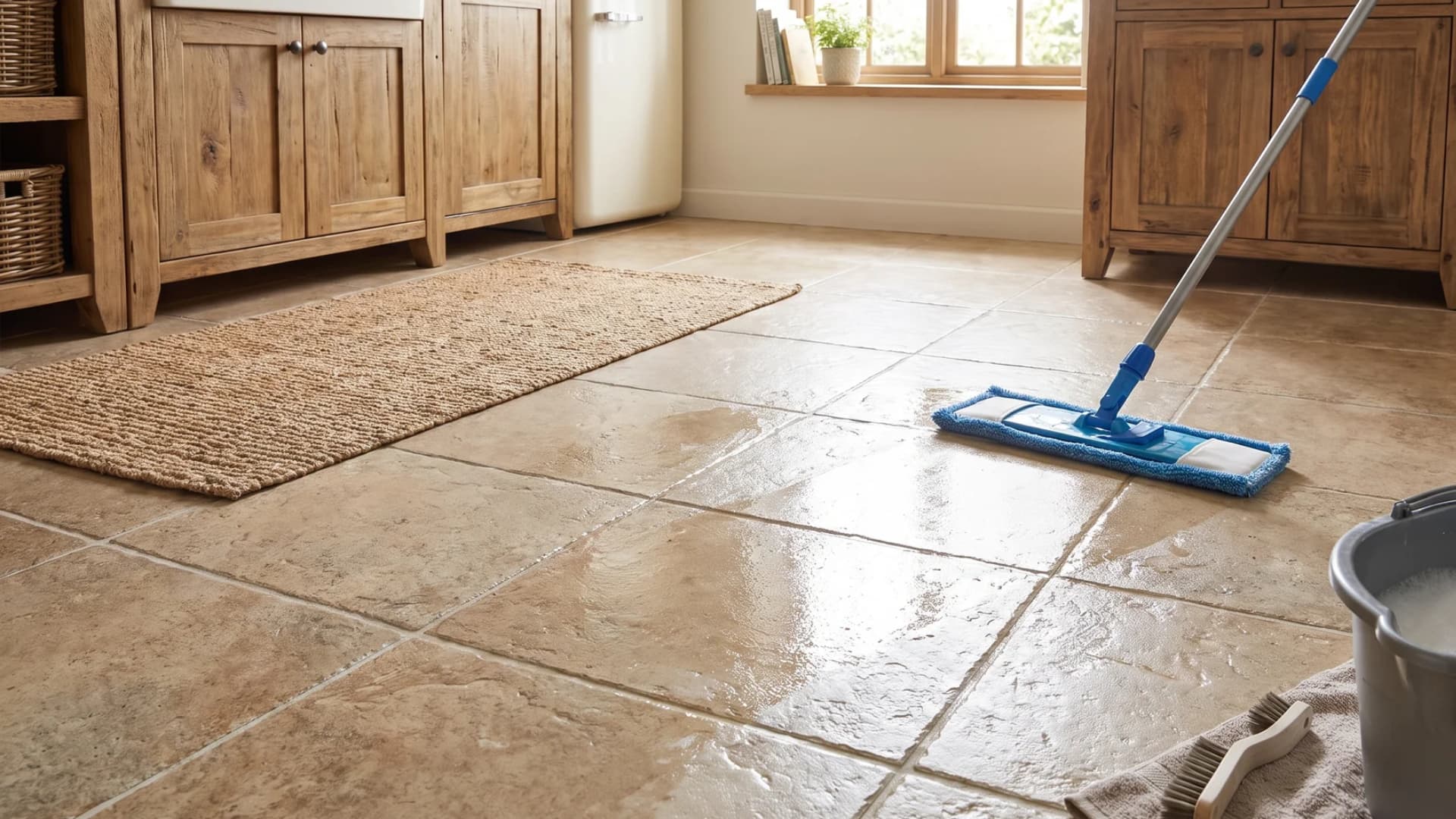Mopping clean white ceramic tile floors with visible tile grout lines.