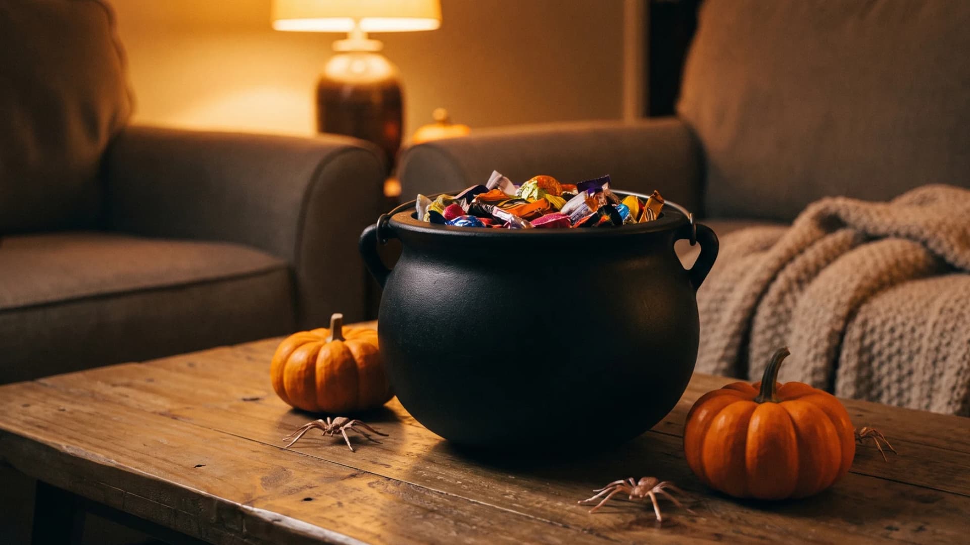 Black cauldron filled with Halloween candy arranged as a centerpiece on a living room coffee table.
